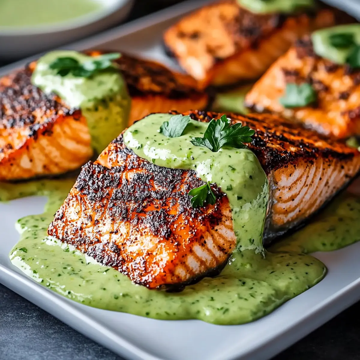 Baked Cajun Salmon with Creamy Avocado Lime Sauce