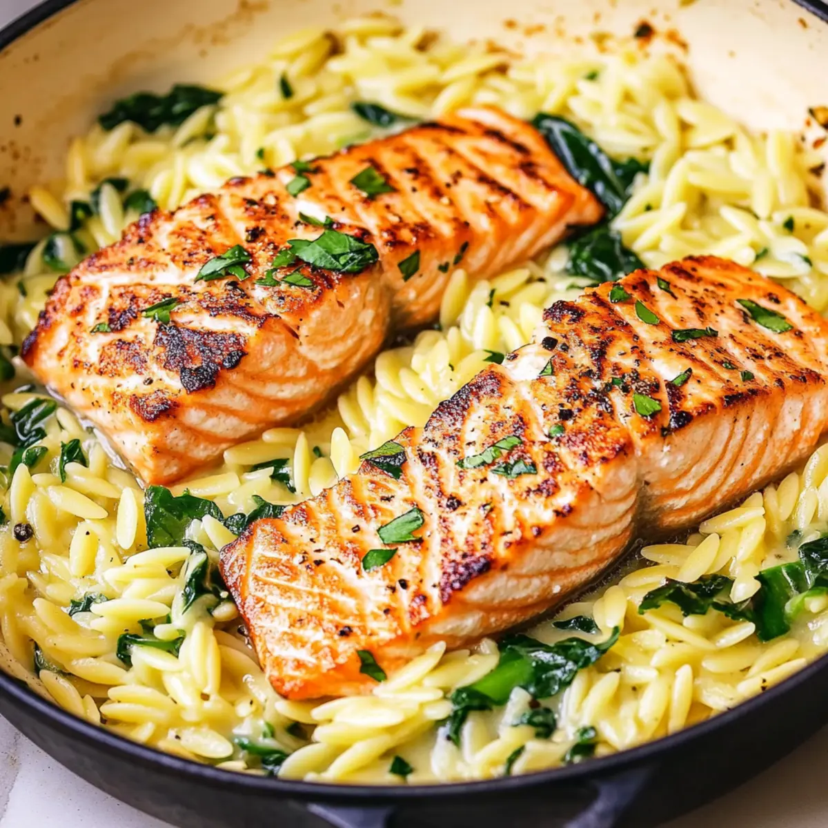 Seared Salmon Orzo Pasta Bowl with Creamy Lemon Sauce