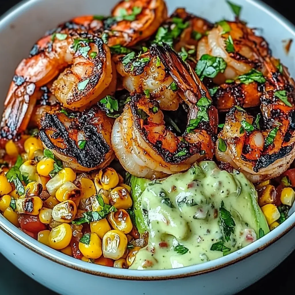Grilled Shrimp Bowl with Avocado, Corn Salsa & Creamy Garlic Sauce