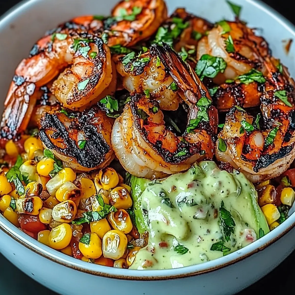 Grilled Shrimp Bowl with Avocado, Corn Salsa & Creamy Garlic Sauce