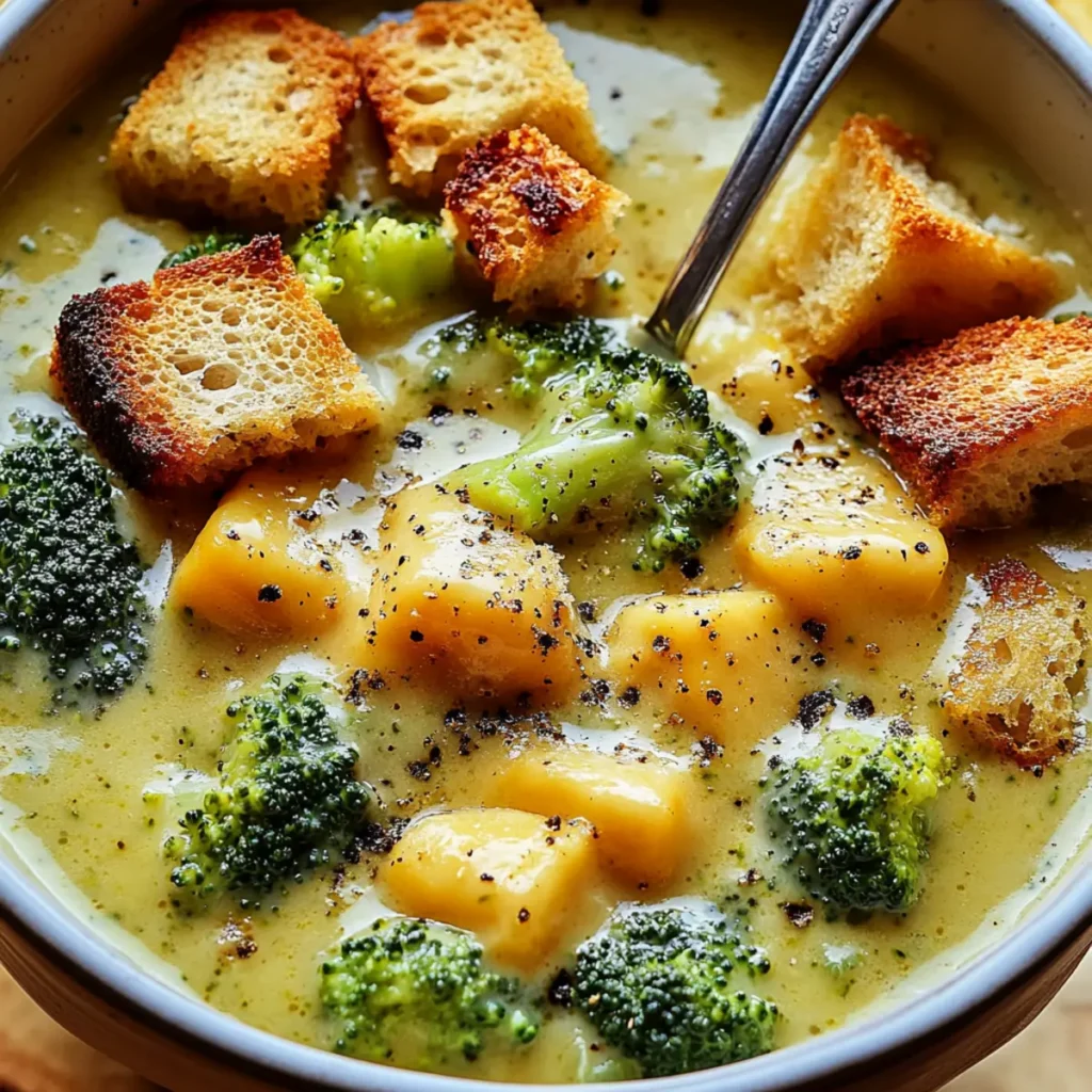 Roasted Broccoli Soup with Melted Cheddar Croutons