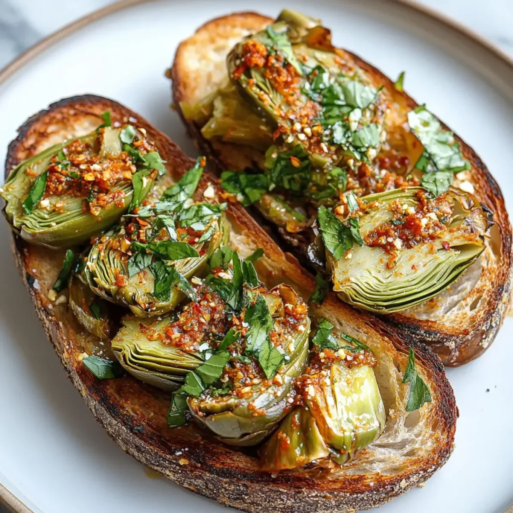 Harissa Simmered Artichokes on Toast