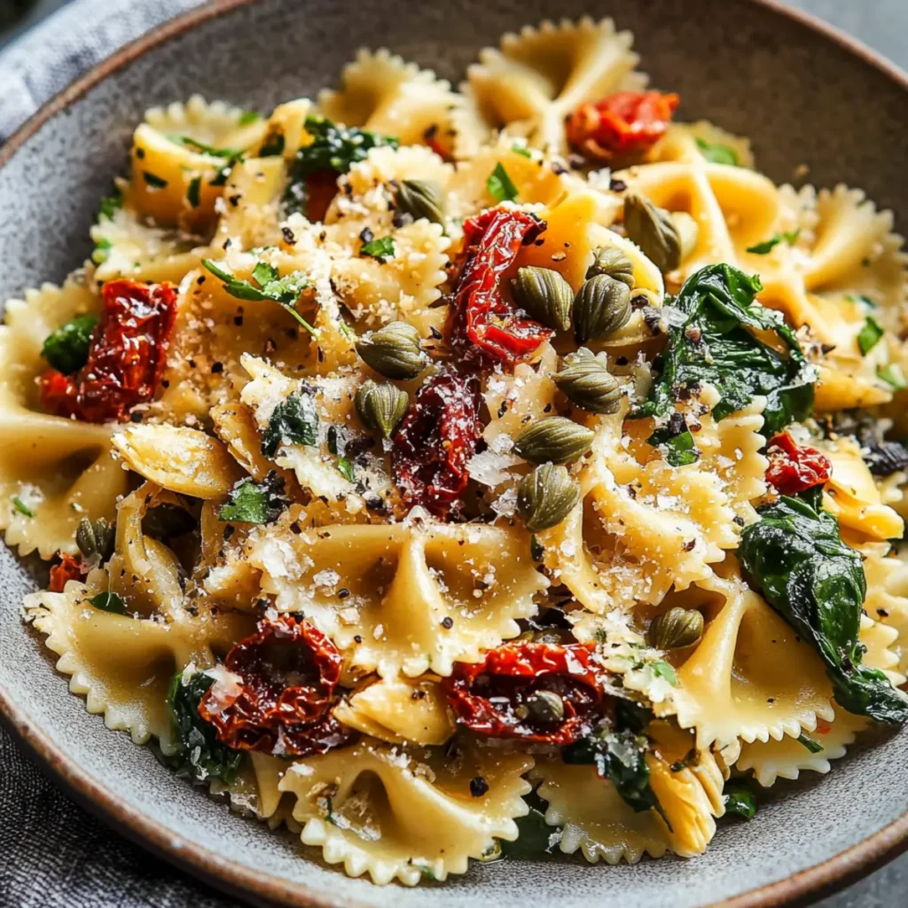 Italian Pasta with Spinach, Artichokes, Sun-Dried Tomatoes, Capers, and Pine Nuts