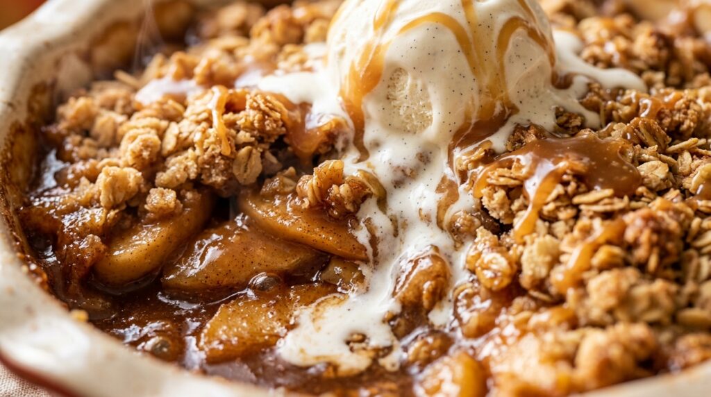 Ultra close-up macro of bubbling warm salted caramel apple crisp with melting vanilla ice cream