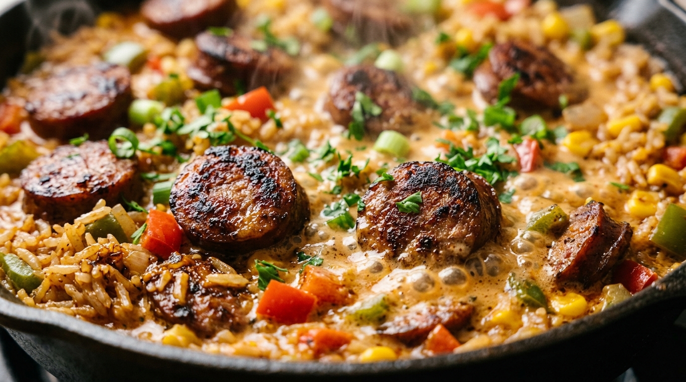 Ultra close-up macro of bubbling creamy Cajun sausage and rice skillet with seared sausage rounds and peppers