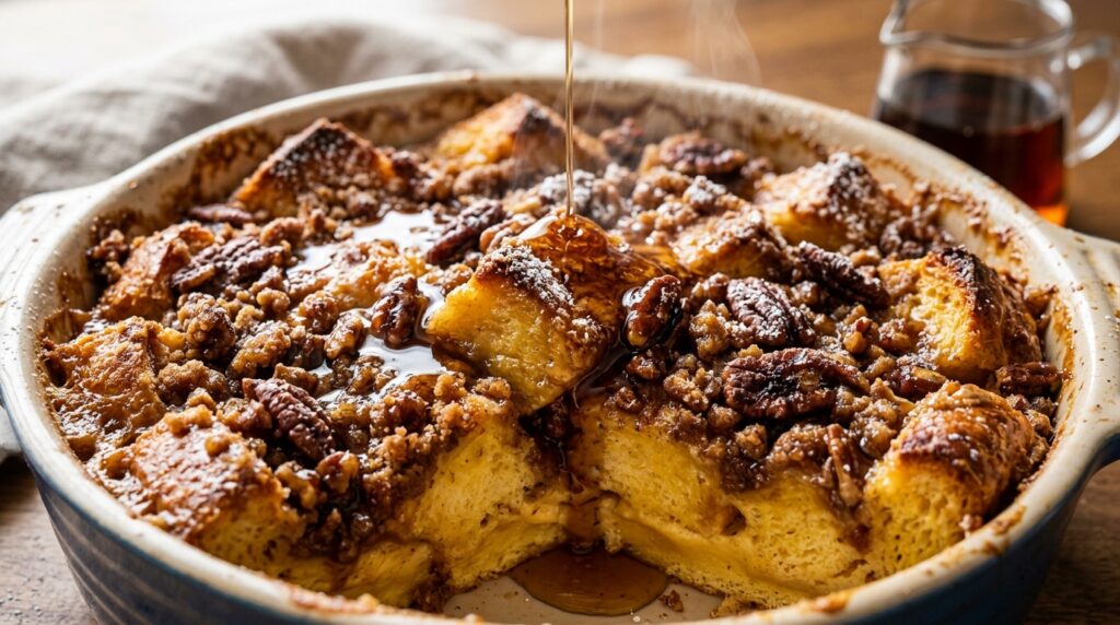 Ultra close-up macro of golden baked overnight cinnamon roll french toast casserole drizzled with warm cream cheese glaze