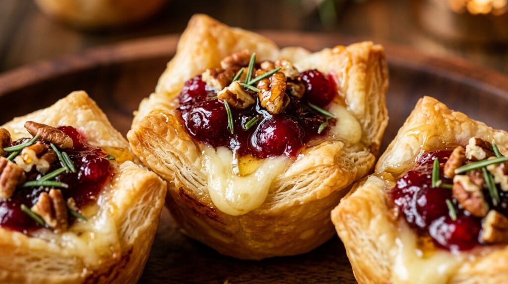 Ultra close-up macro of flaky baked cranberry brie bites in puff pastry cups with molten cheese