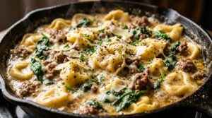 Creamy garlic butter beef and cheese tortellini skillet bubbling hot with melted parmesan
