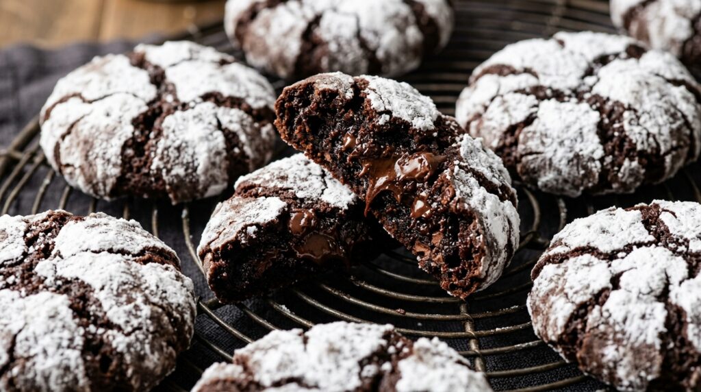 Ultra close-up macro of fudgy chocolate crinkle cookies with dramatic snowy powdered sugar crackled tops and rich molten chocolate centers