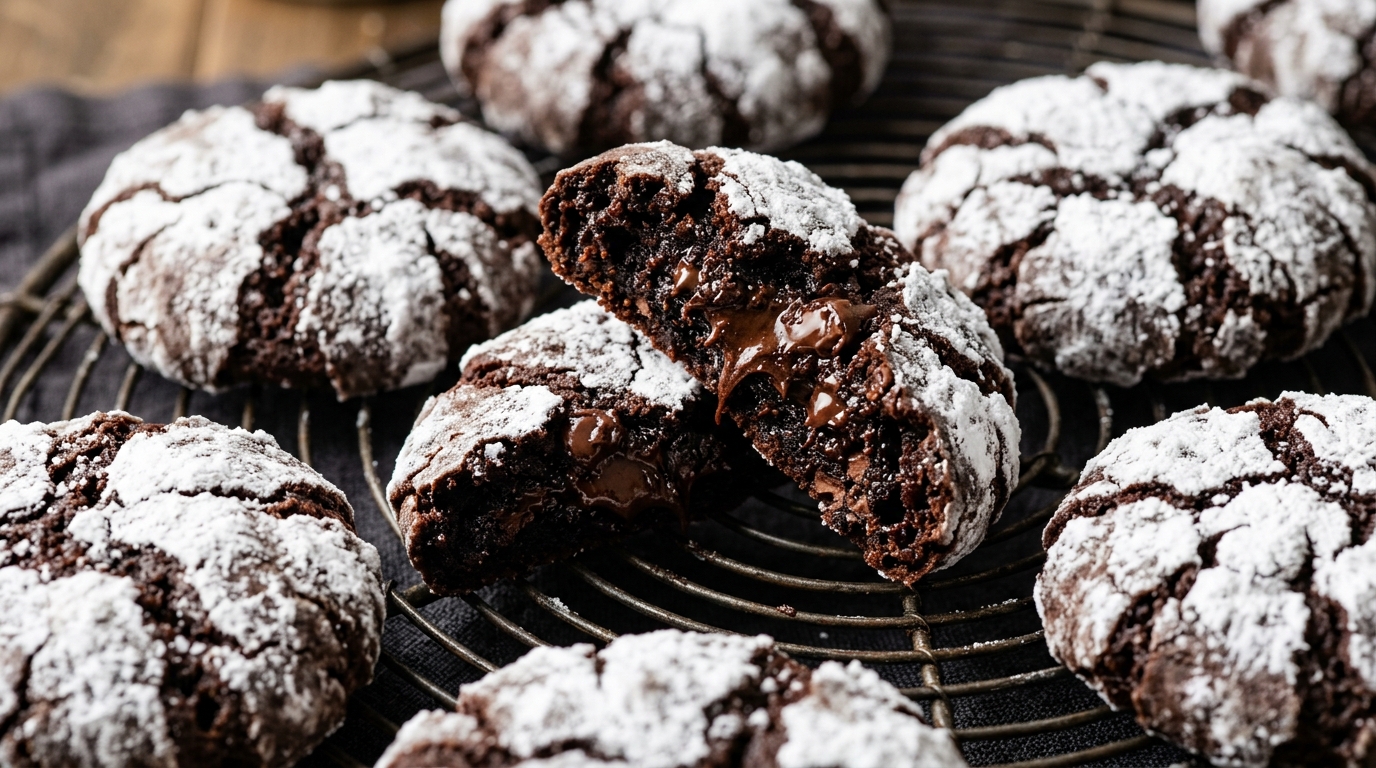 Ultra close-up macro of fudgy chocolate crinkle cookies with dramatic snowy powdered sugar crackled tops and rich molten chocolate centers