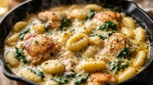 Ultra close-up macro of bubbling creamy garlic herb chicken and gnocchi skillet
