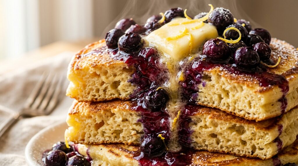 Ultra close-up macro of a tall stack of golden fluffy lemon ricotta pancakes crowned with glossy warm blueberry compote and pure maple syrup