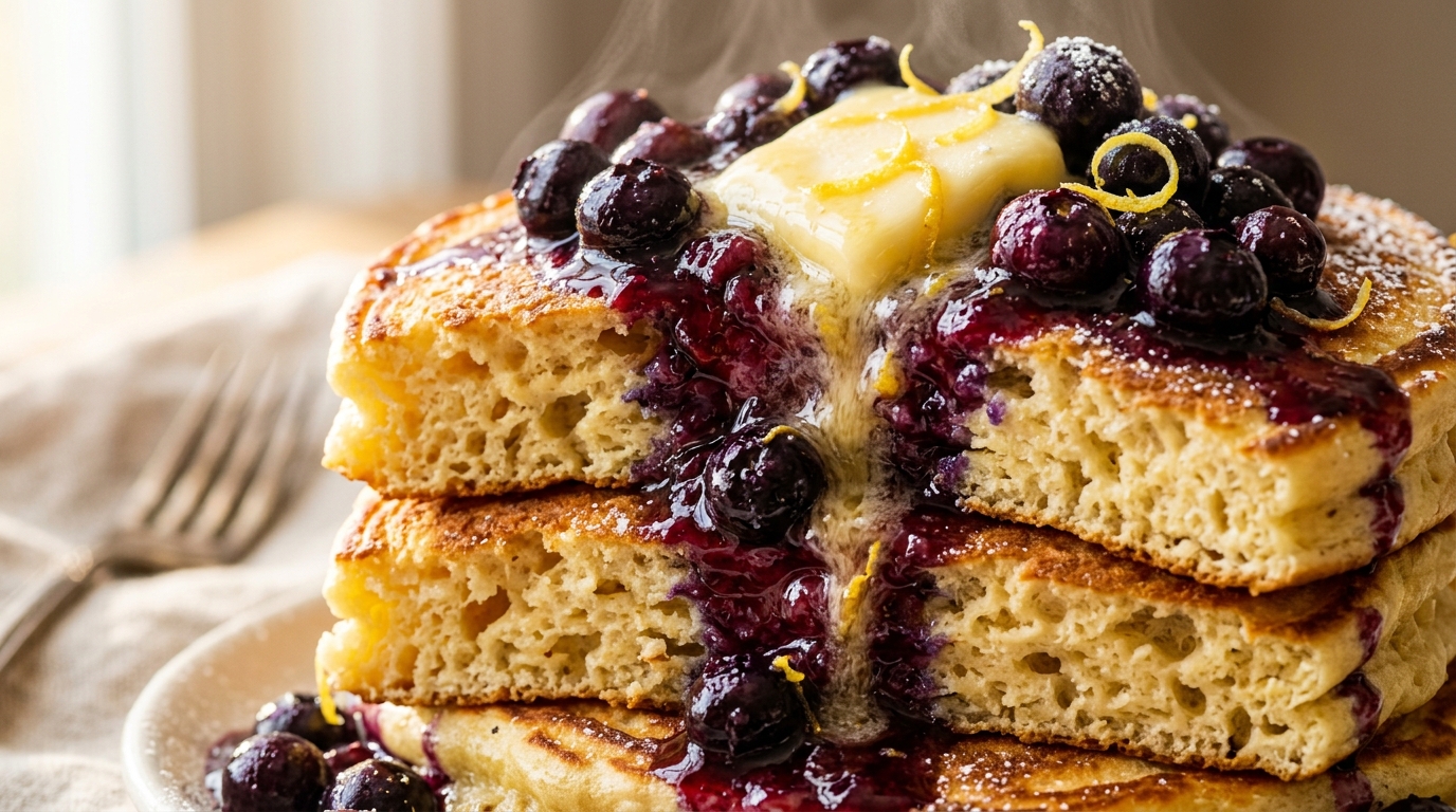 Ultra close-up macro of a tall stack of golden fluffy lemon ricotta pancakes crowned with glossy warm blueberry compote and pure maple syrup