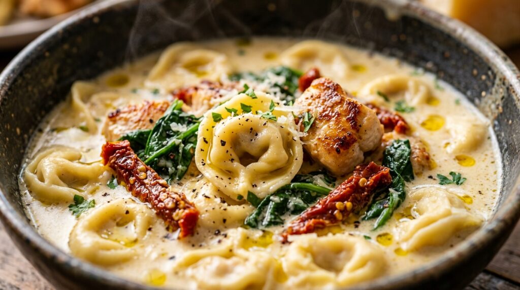 Creamy Marry Me Chicken Tortellini Soup with seared golden chicken bites and cheese tortellini