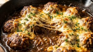 One-pan French onion chicken meatballs bubbling hot in skillet with melted mozzarella and fresh thyme