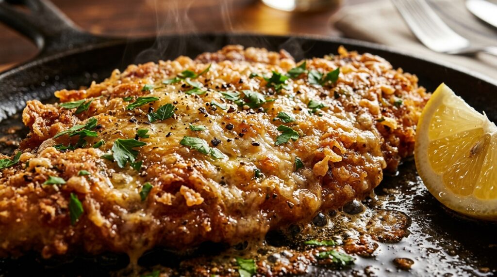 Ultra close-up macro of golden crispy parmesan panko crusted chicken breasts sizzling in garlic herb butter pan sauce with lemon and fresh parsley