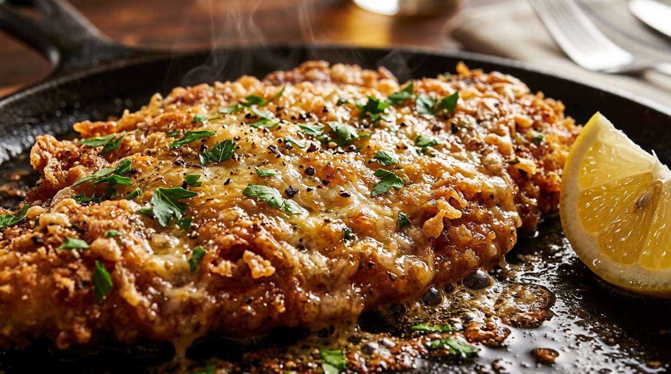 Ultra close-up macro of golden crispy parmesan panko crusted chicken breasts sizzling in garlic herb butter pan sauce with lemon and fresh parsley