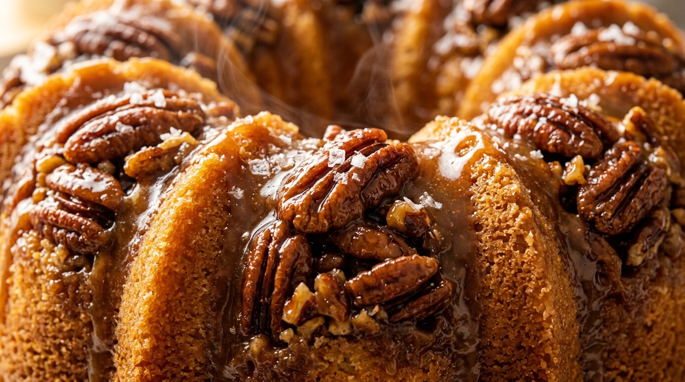 Ultra close-up macro of gooey caramelized brown butter pecan pie bars with golden toasted pecans and flaky sea salt on a buttery shortbread crust