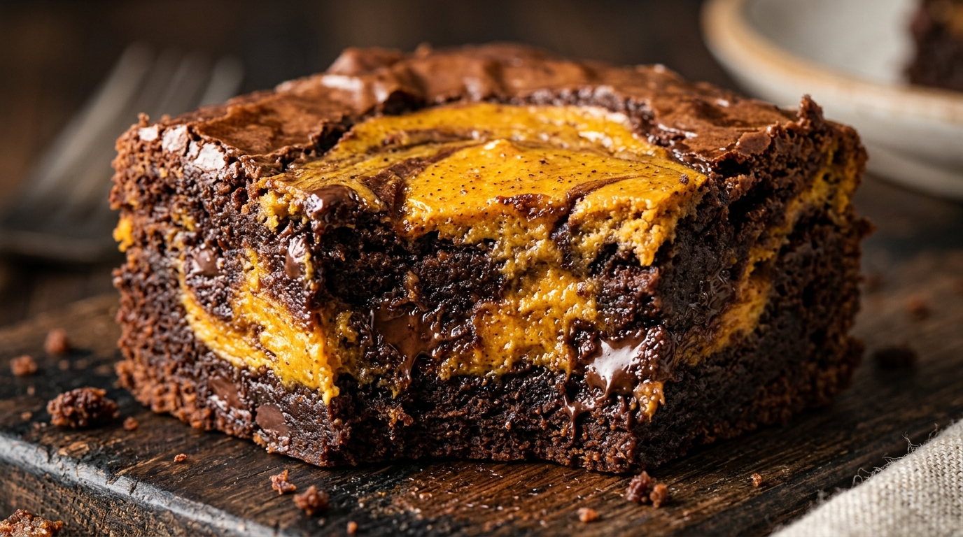 Ultra close-up macro of shiny crackly topped fudgy dark chocolate brownies with orange spiced pumpkin cheesecake swirl