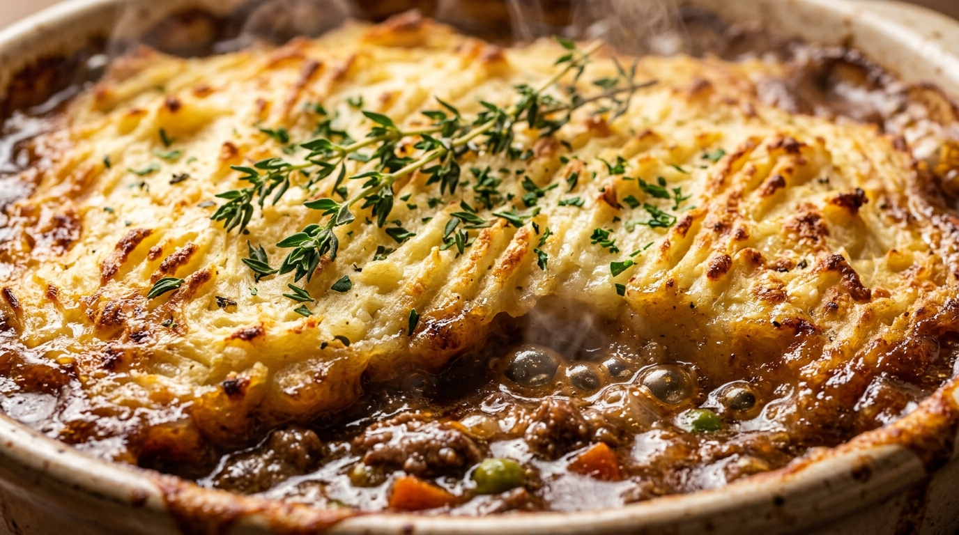 Ultra close-up macro of golden browned cheddar mashed potato ridges over bubbling rich minced beef gravy in a cast iron skillet