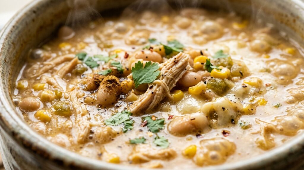 Slow cooker creamy white chicken chili with shredded chicken breast, cannellini beans, and sweet corn