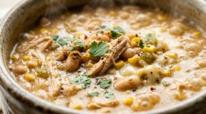 Slow cooker creamy white chicken chili with shredded chicken breast, cannellini beans, and sweet corn