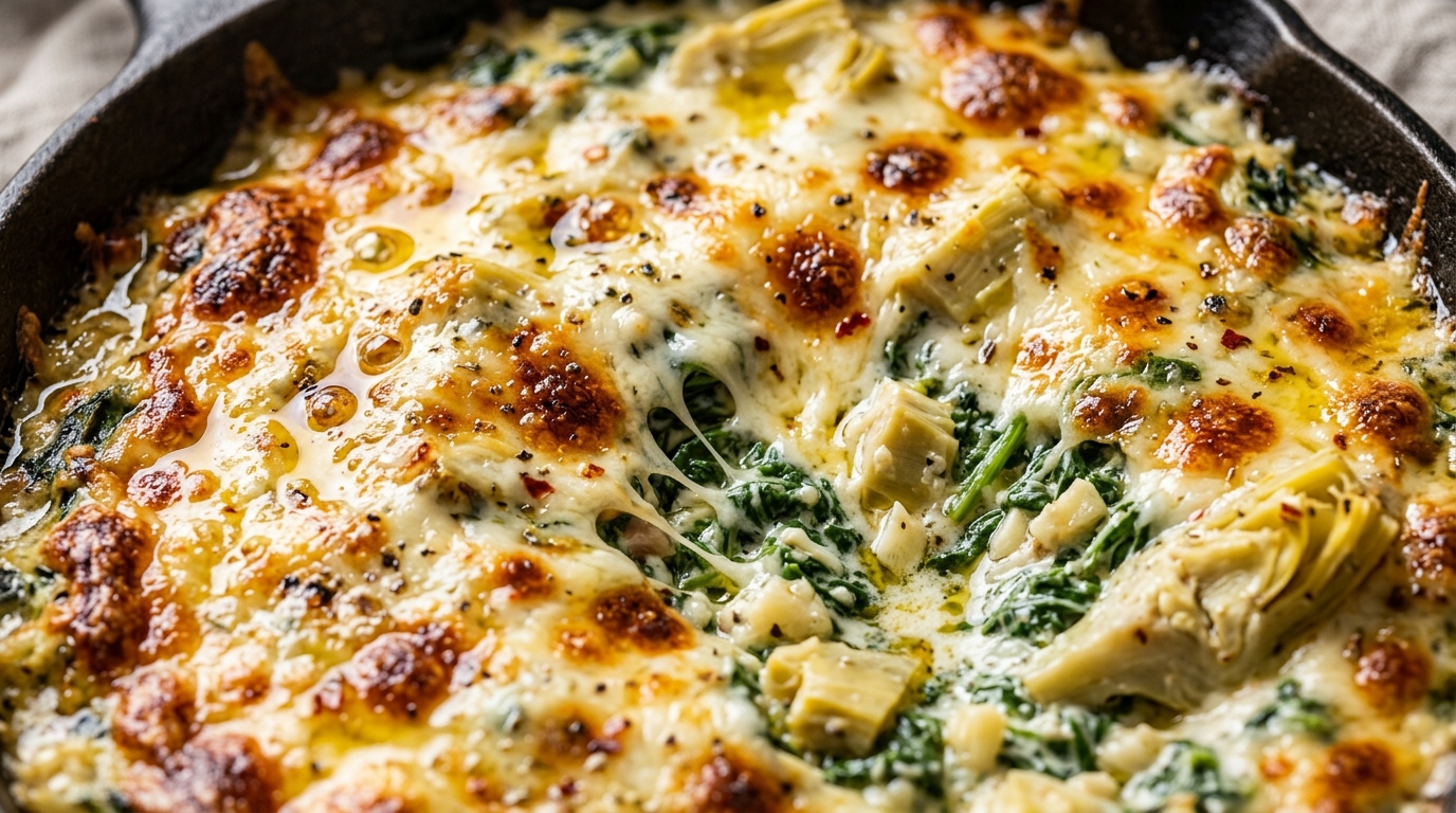 Ultra close-up macro of bubbling golden brown baked spinach artichoke dip in a sizzling cast iron skillet with melted mozzarella pull