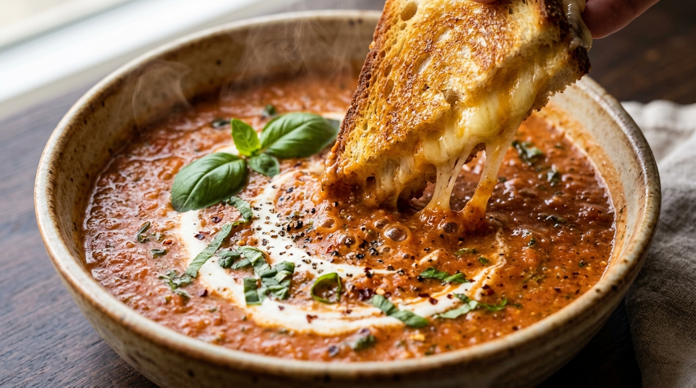 Ultra close-up macro of velvety roasted tomato basil soup garnished with cream swirls, fresh basil, and crispy golden garlic croutons