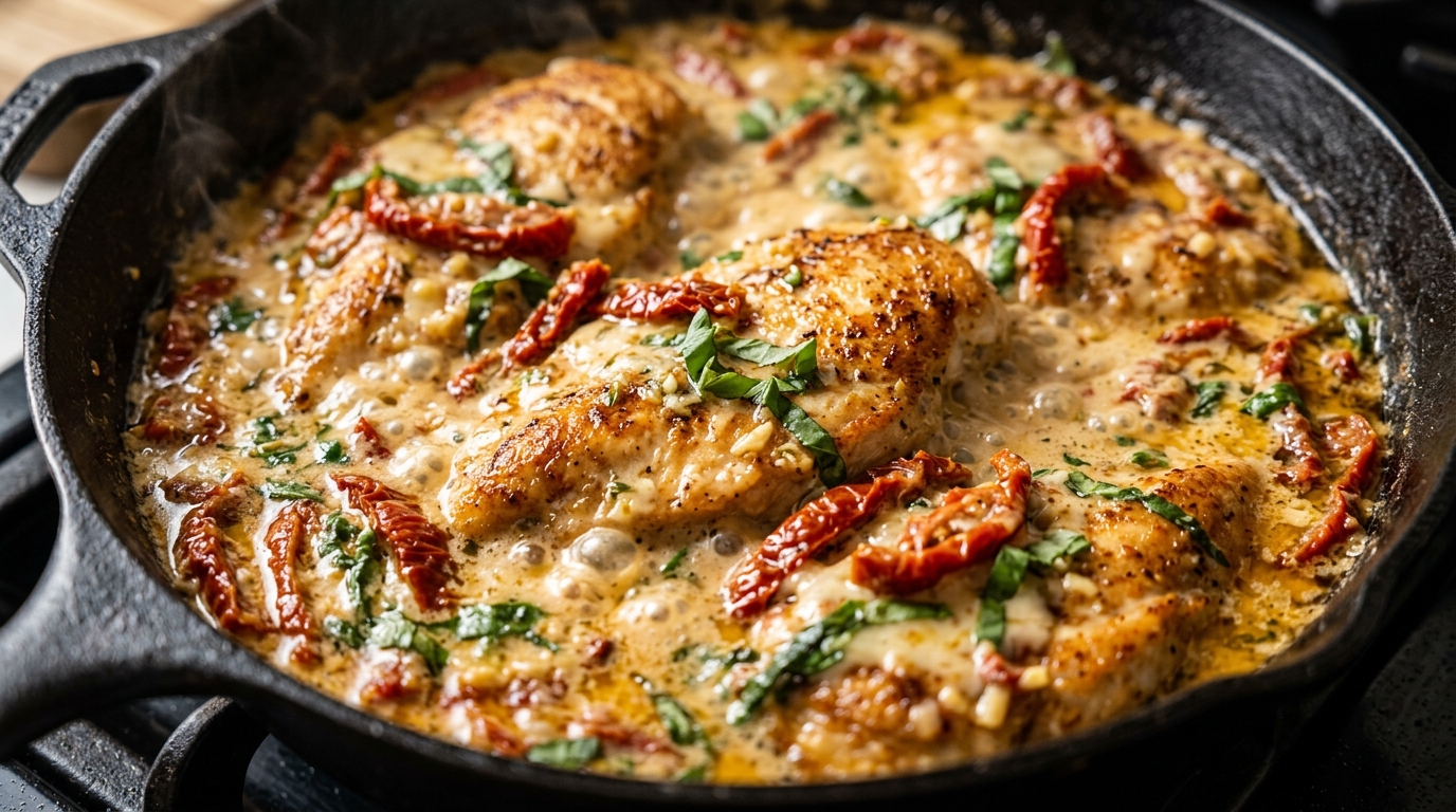 Ultra close-up macro of creamy Tuscan garlic chicken penne pasta bubbling with sun-dried tomatoes, wilted baby spinach, and parmesan