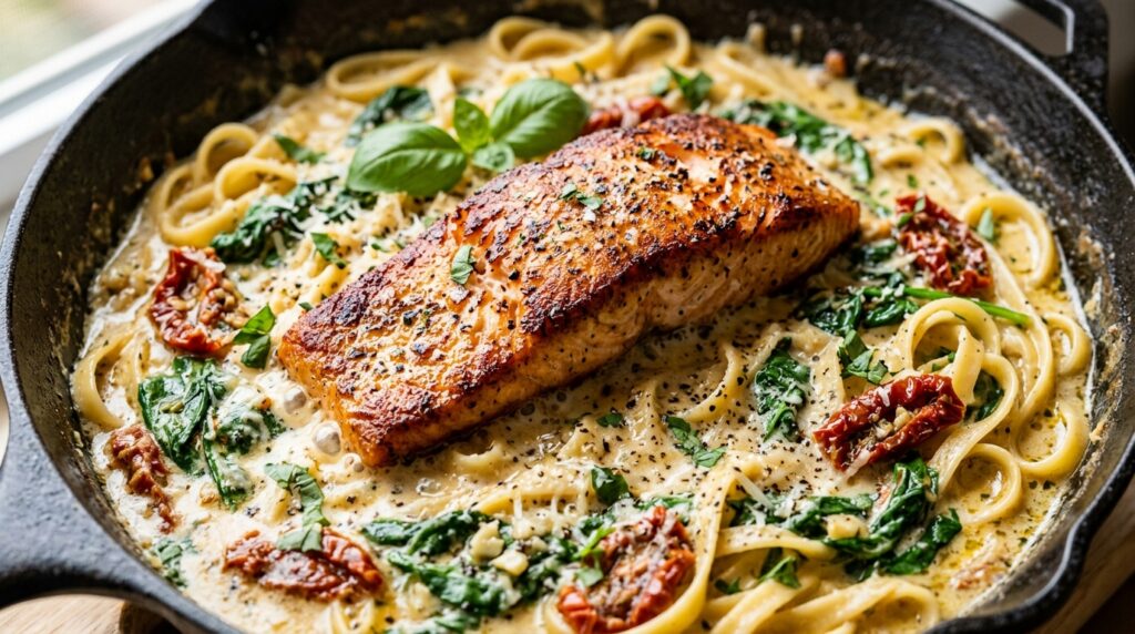 Ultra close-up macro of golden pan seared salmon fillets resting in bubbling garlic parmesan cream sauce with red sun dried tomatoes and wilted spinach