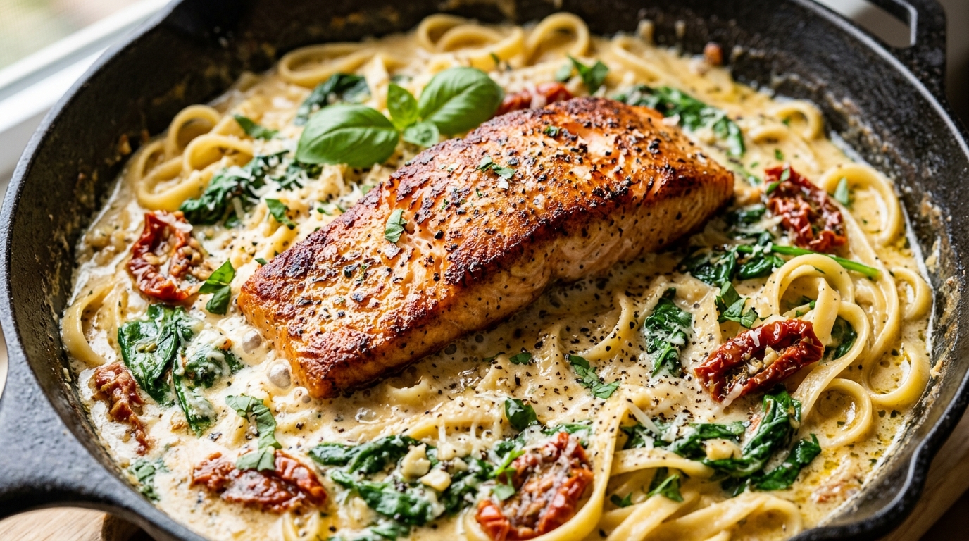 Ultra close-up macro of golden pan seared salmon fillets resting in bubbling garlic parmesan cream sauce with red sun dried tomatoes and wilted spinach