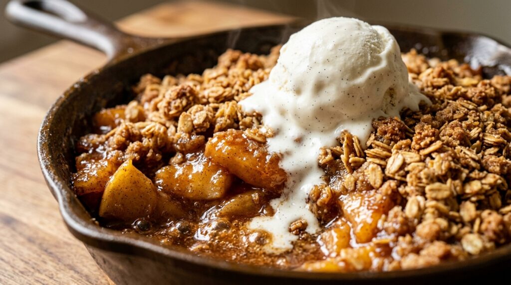 Ultra close-up macro of warm cinnamon apple cobbler bubbling in a cast iron skillet with golden biscuit streusel crust