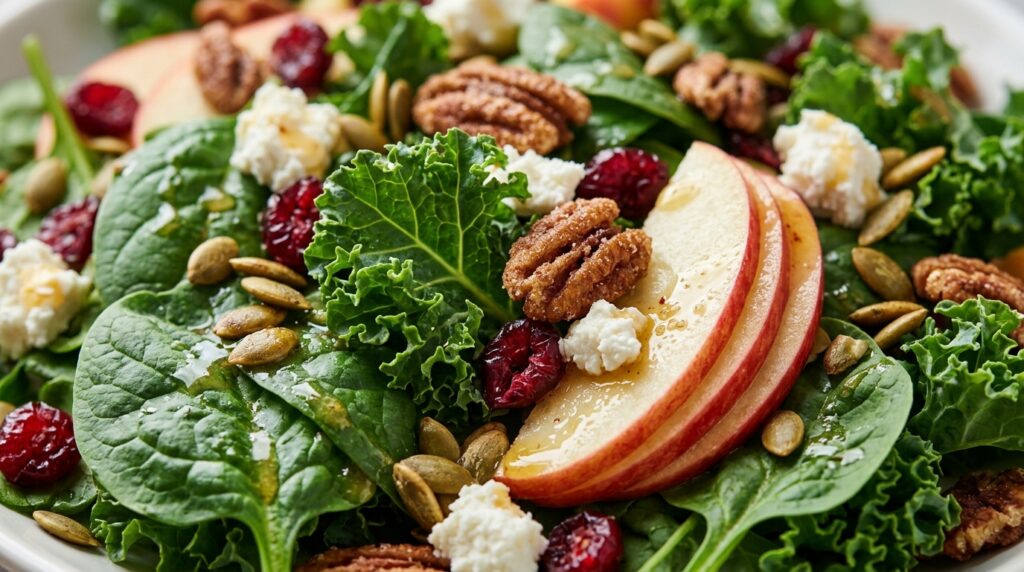 Ultra close-up macro of autumn harvest salad with crisp Honeycrisp apple slices, candied pecans, crumbled goat cheese, and dried cranberries tossed in maple cider dressing
