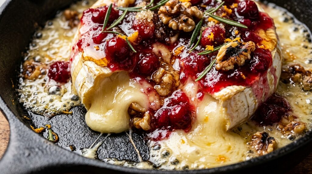 Ultra close-up macro of gooey melted warm baked brie cheese topped with sweet fig jam, toasted buttered pecans, and fresh rosemary sprigs served with artisan crackers