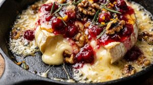 Ultra close-up macro of gooey melted warm baked brie cheese topped with sweet fig jam, toasted buttered pecans, and fresh rosemary sprigs served with artisan crackers