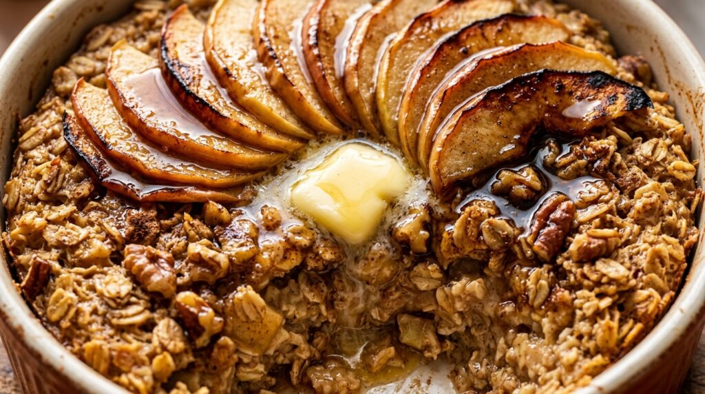 Ultra close-up macro of warm spiced apple cinnamon baked oatmeal fresh out of the oven with tender caramelized apples, rolled oats, and toasted pecans