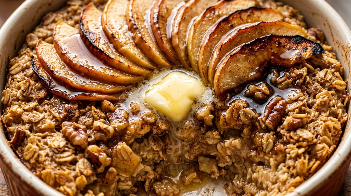 Ultra close-up macro of warm spiced apple cinnamon baked oatmeal fresh out of the oven with tender caramelized apples, rolled oats, and toasted pecans