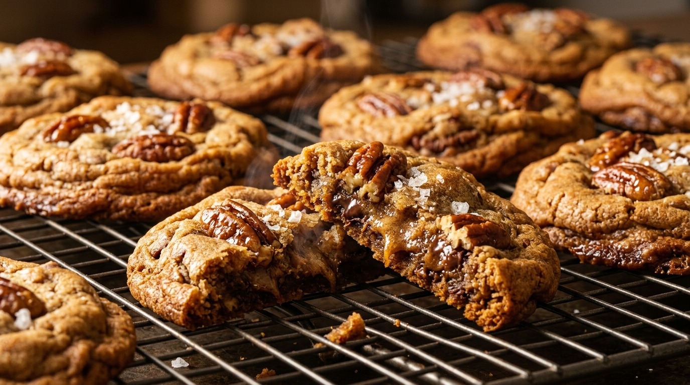 Ultra close-up macro of warm chewy brown butter pecan cookie with toasted chopped pecans and flaky sea salt crystals