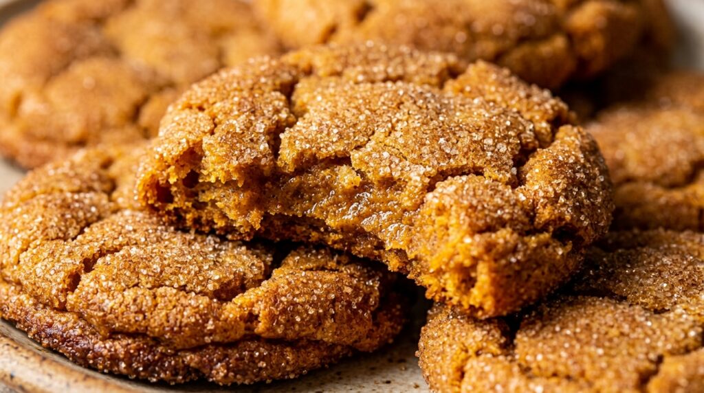 Ultra close-up macro of thick chewy pumpkin snickerdoodle cookie with broken center showing soft chewy spiced texture and sparkling cinnamon sugar crystals