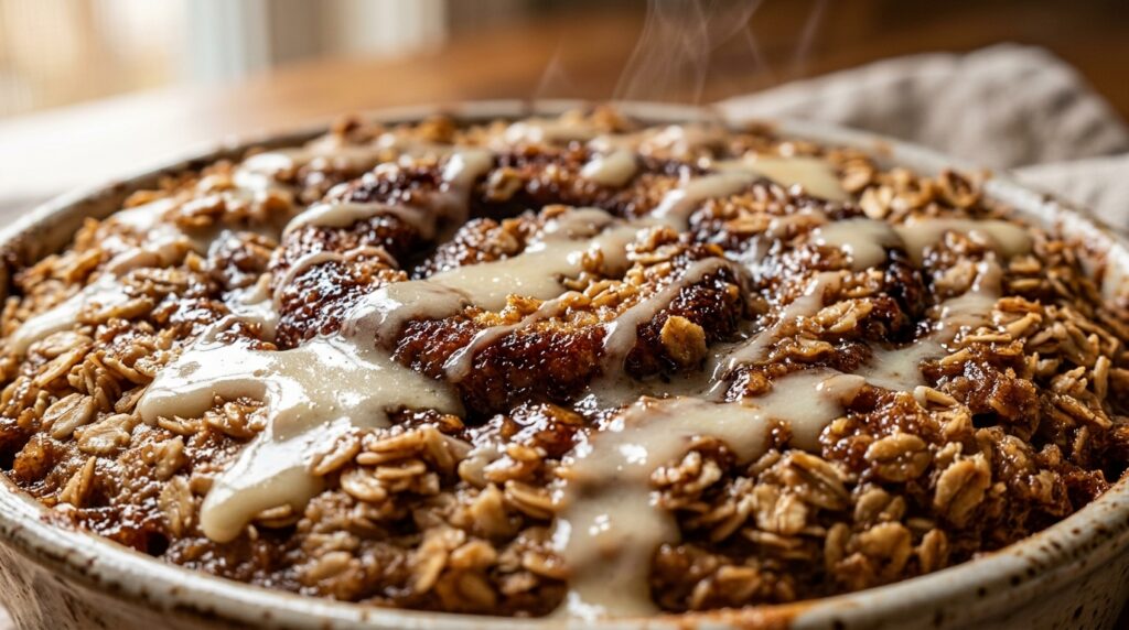 Warm fluffy cinnamon roll baked oatmeal with cream cheese glaze
