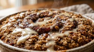 Warm fluffy cinnamon roll baked oatmeal with cream cheese glaze