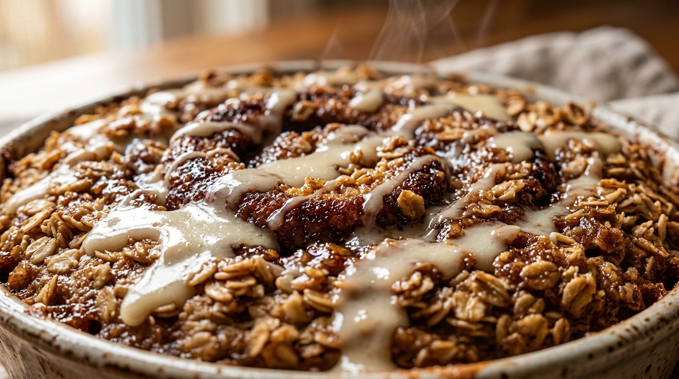 Warm fluffy cinnamon roll baked oatmeal with cream cheese glaze