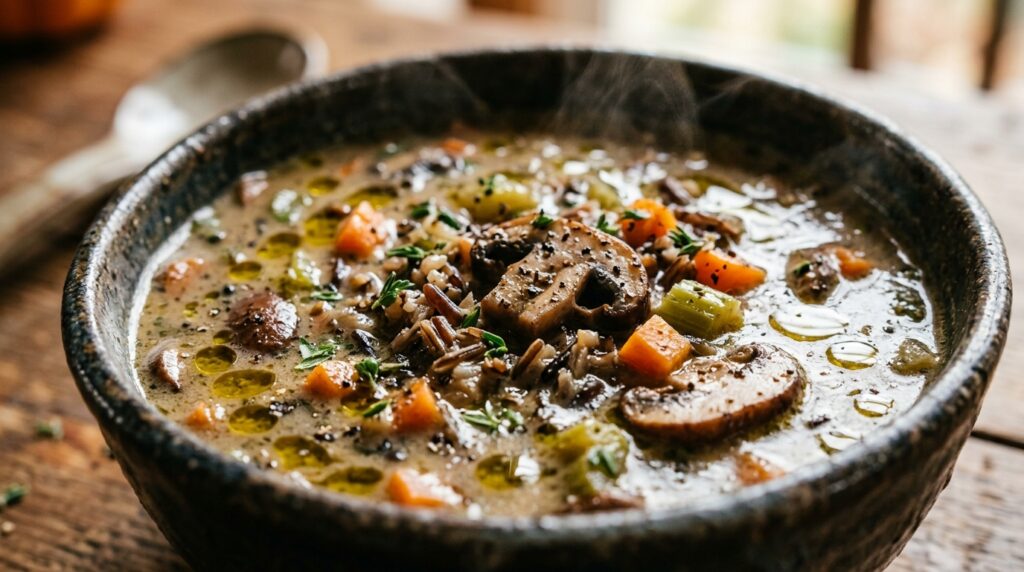 Ultra close-up macro of velvety wild rice and sliced cremini mushroom soup in creamy herb broth garnished with fresh thyme and cracked pepper