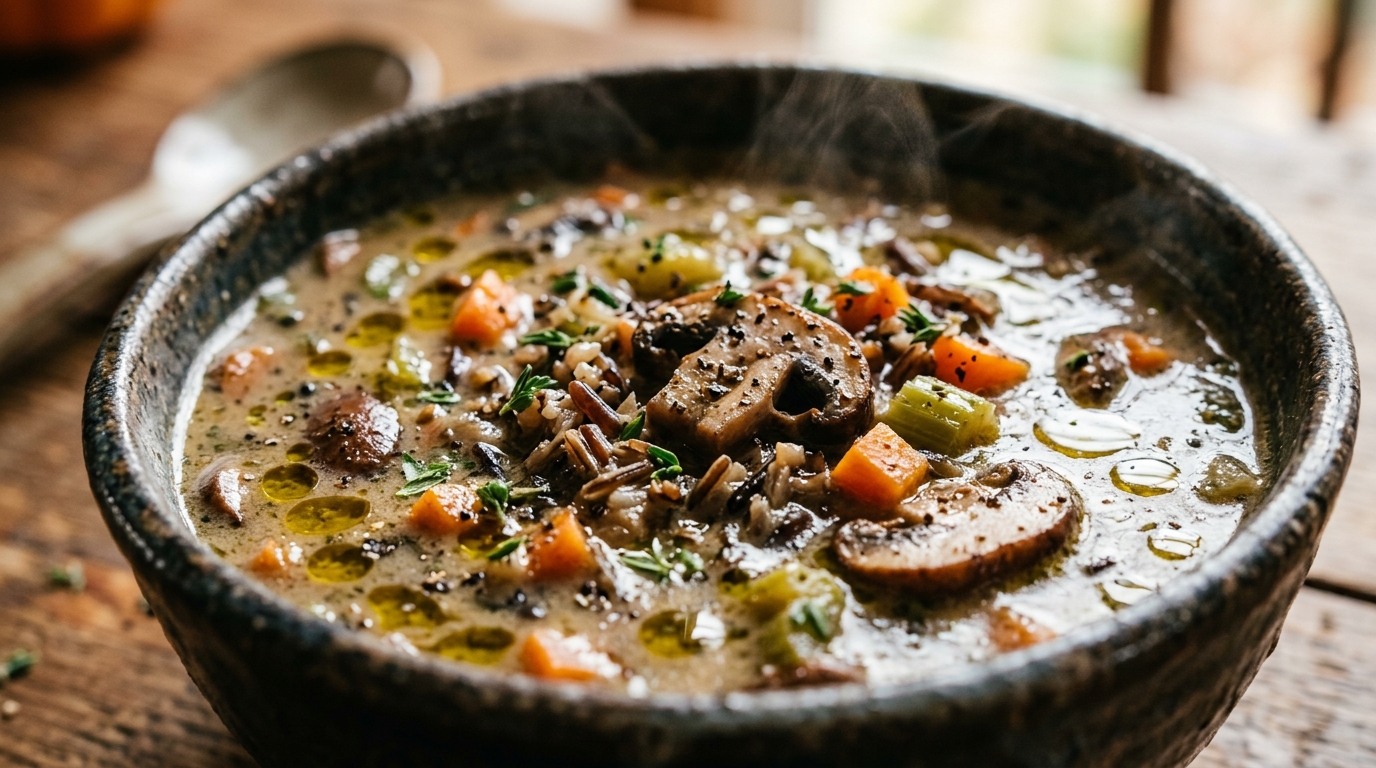 Ultra close-up macro of velvety wild rice and sliced cremini mushroom soup in creamy herb broth garnished with fresh thyme and cracked pepper