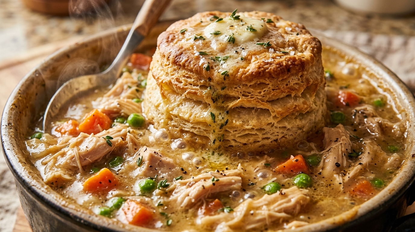 Ultra close-up macro of creamy slow cooker chicken pot pie filling loaded with shredded chicken breast, carrots, sweet peas, and topped with golden flaky biscuit crust