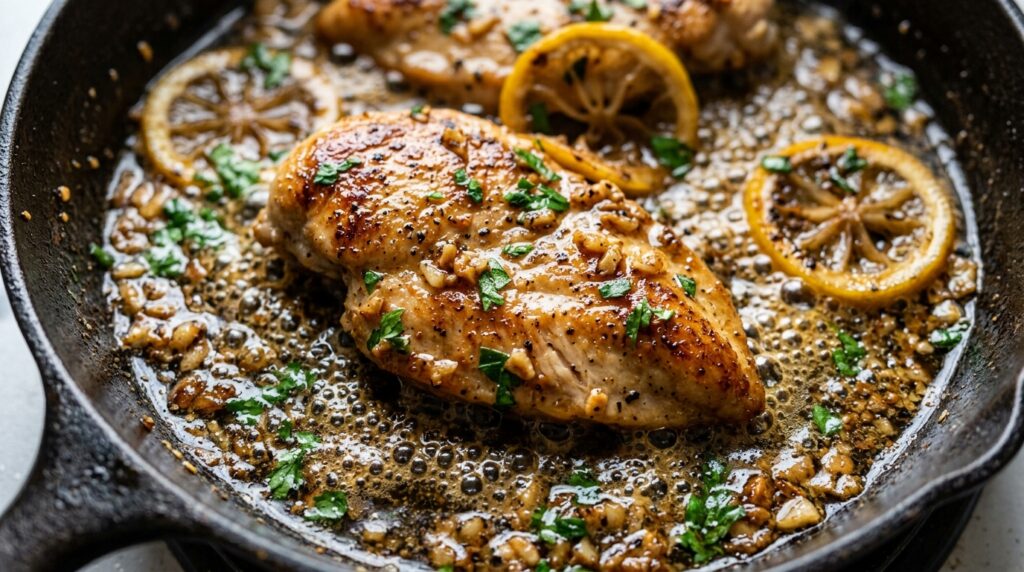 Ultra close-up macro of tender golden seared chicken cutlets simmering in velvety garlic butter lemon cream sauce garnished with parsley and fresh lemon slices