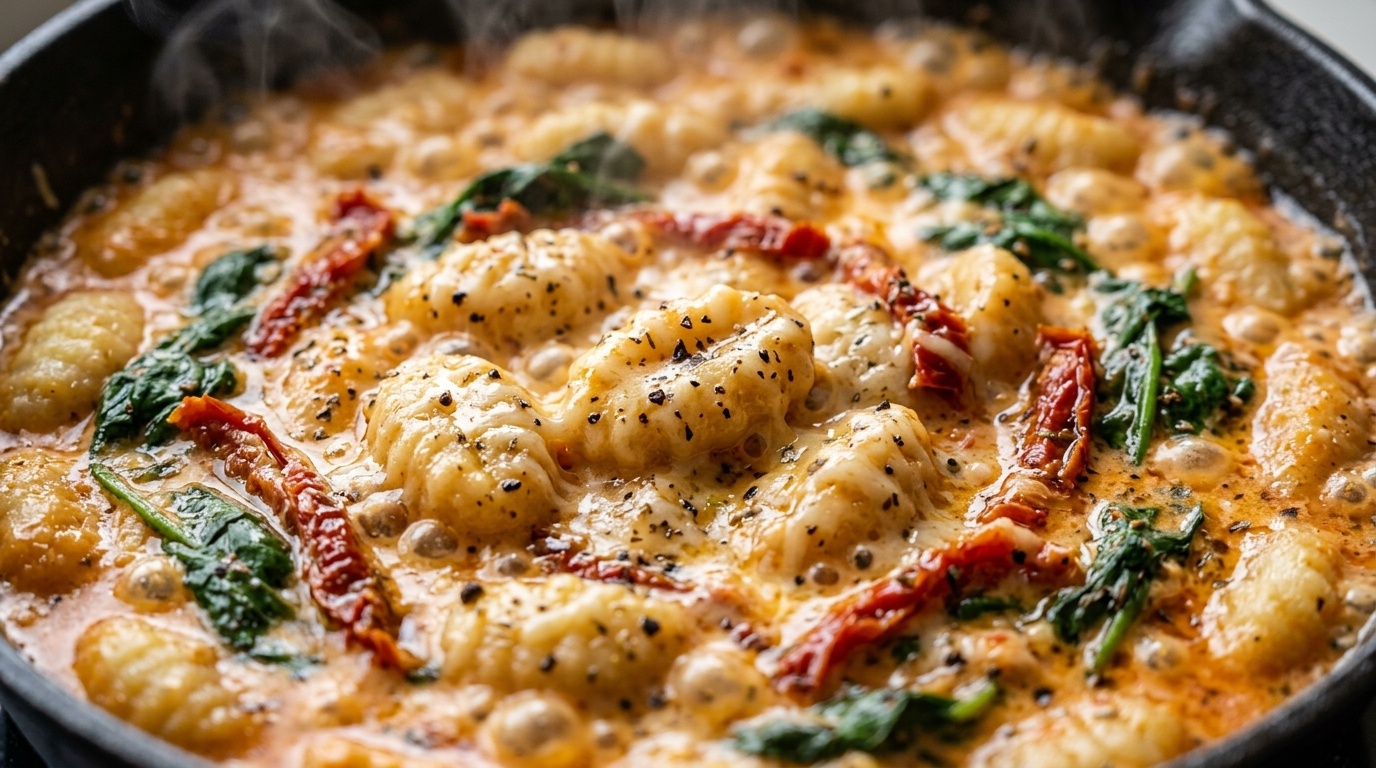 Ultra close-up macro of bubbling creamy garlic herb chicken and potato gnocchi skillet with sun-dried tomatoes and fresh spinach