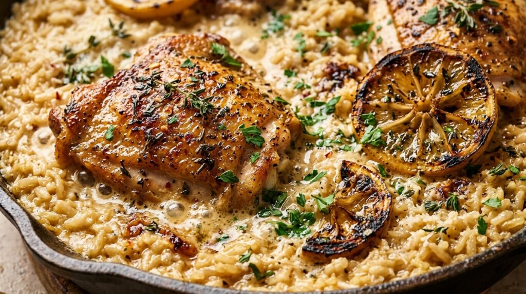 Ultra close-up macro of golden seared lemon herb chicken cutlets simmering in creamy garlic parmesan rice with charred lemon slices