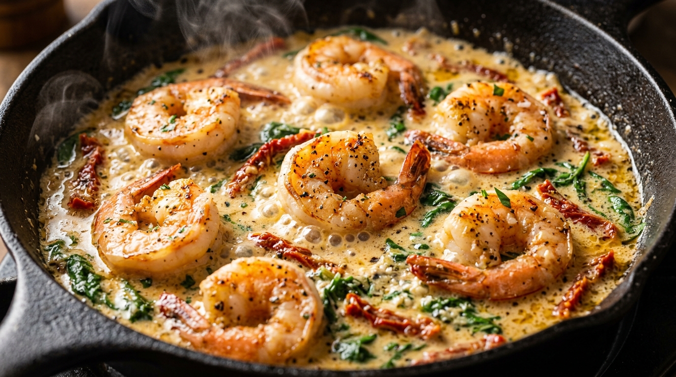 Ultra close-up macro of plump pink jumbo shrimp in creamy sun-dried tomato garlic sauce tossed with glossy linguine ribbons, wilted spinach, and parmesan