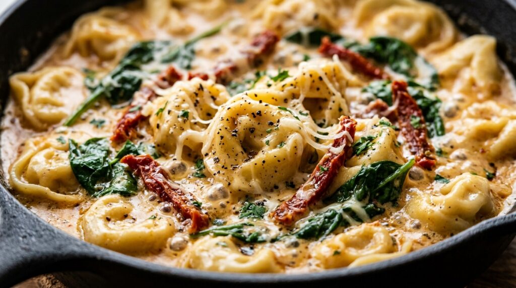 Sizzling cast-iron skillet of creamy Tuscan garlic tortellini with sun-dried tomatoes and baby spinach